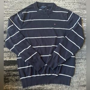 TOMMY HILFIGER Men’s Navy & White Striped Pullover Round Neck Sweater